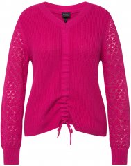 Ulla Popken Shaker Stitch Cropped Gathered Sweater Fuchsia Pink