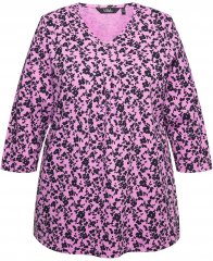 Ulla Popken Floral 3/4 Sleeve V-Neck A-Line Tee Amethyst