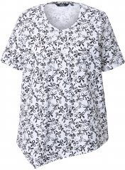 Ulla Popken Bow Print Short Sleeve Pointed Hem Tee Snow White