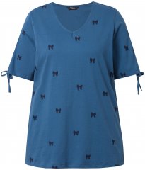 Ulla Popken Bow Print Split Sleeve Tee Indigo Denim