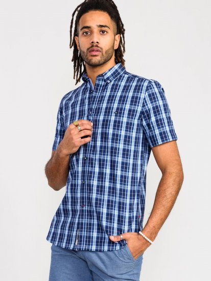 D555 Walcot Check Button Down Collar S/S Shirt Navy - Πουκάμισα - Aνδρικά πουκαμισα μεγαλα μεγάλα μεγέθη