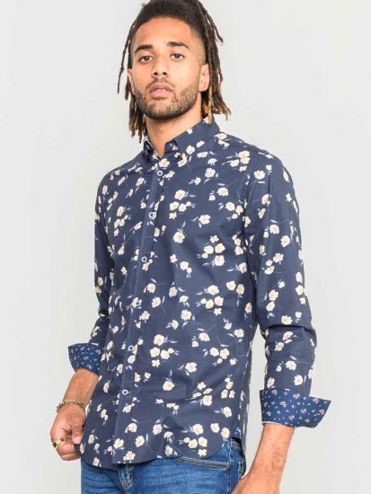 D555 Rooksey Floral Print Shirt Navy - Πουκάμισα - Aνδρικά πουκαμισα μεγαλα μεγάλα μεγέθη