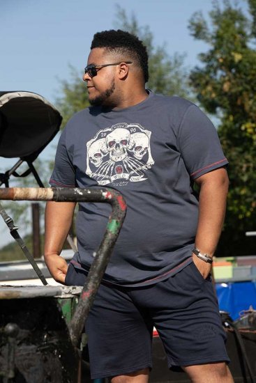 D555 COOK Trio Of Skulls Printed Crew Neck T-Shirt Slate Blue - Μακό μπλουζάκια - Aνδρικά μπλουζεσ μεγάλα μεγέθη