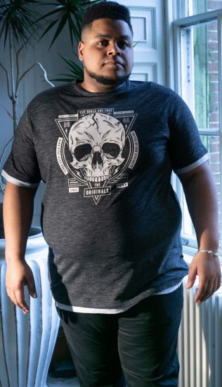 D555 DARREN Skull Printed T-Shirt With Double Layer On Hem & Cuff Black Reno - Μακό μπλουζάκια - Aνδρικά μπλουζεσ μεγάλα μεγέθη