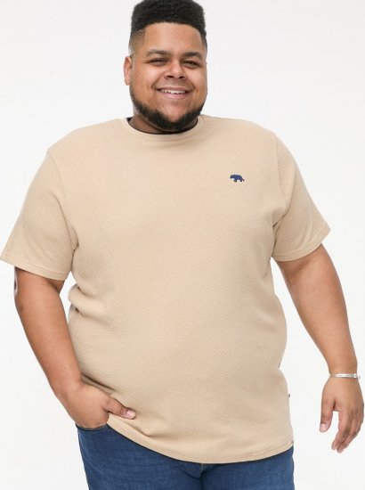D555 SANDFORD Double Layer On Neck Ribs And Hem Waffle Textured T-Shirt Beige - Μακό μπλουζάκια - Aνδρικά μπλουζεσ μεγάλα μεγέθη