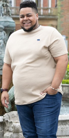 D555 SANDFORD Double Layer On Neck Ribs And Hem Waffle Textured T-Shirt Beige - Μακό μπλουζάκια - Aνδρικά μπλουζεσ μεγάλα μεγέθη