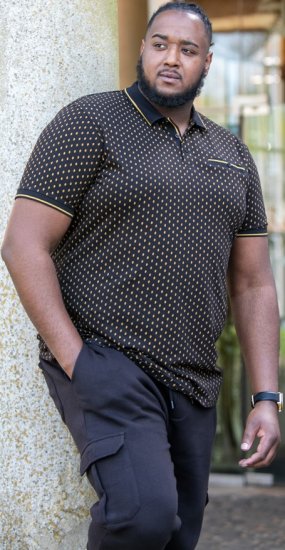 D555 RAUL AOP Jersey Polo With Jacquard Collar, Ribs And Chest Pocket Black - Πόλο μπλουζάκια - Aνδρικά μπλουζακια πολο μεγάλα μεγέθη