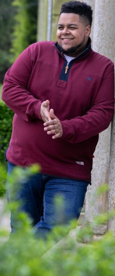 D555 HIRALDO Quarter Neck Pique Fleece Sweatshirt With Chest Embroidery Red - φούτερ/Φούτερ με κουκούλα - φούτερ/Φούτερ με κουκούλα ανδρικά μεγάλα μεγέθη 