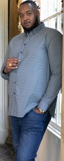 D555 MANGALA Geometric AOP Long Sleeve Shirt With Concealed Button Down Collar Navy - Πουκάμισα - Aνδρικά πουκαμισα μεγαλα μεγάλα μεγέθη