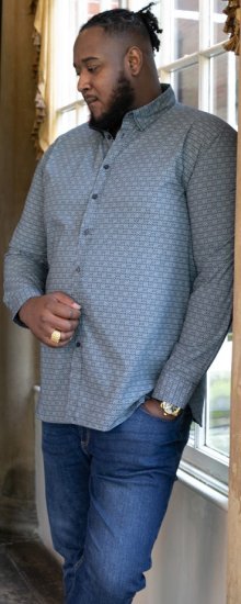 D555 MANGALA Geometric AOP Long Sleeve Shirt With Concealed Button Down Collar Navy - Πουκάμισα - Aνδρικά πουκαμισα μεγαλα μεγάλα μεγέθη