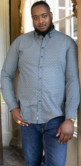 D555 MANGALA Geometric AOP Long Sleeve Shirt With Concealed Button Down Collar Navy - Πουκάμισα - Aνδρικά πουκαμισα μεγαλα μεγάλα μεγέθη