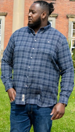 D555 SONNY Navy Check Long Sleeve Shirt With Chest Patch Pocket & Button Down Collar Navy Check - Πουκάμισα - Aνδρικά πουκαμισα μεγαλα μεγάλα μεγέθη