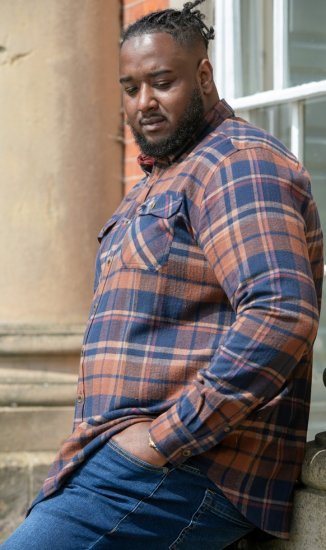 D555 SHERLOCK Check Overshirt With Two Patch Pockets & Button Down Collar Navy - Πουκάμισα - Aνδρικά πουκαμισα μεγαλα μεγάλα μεγέθη
