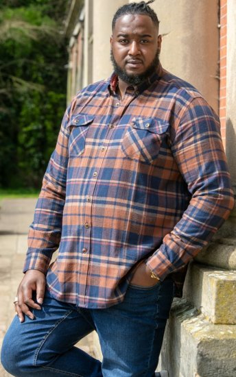 D555 SHERLOCK Check Overshirt With Two Patch Pockets & Button Down Collar Navy - Πουκάμισα - Aνδρικά πουκαμισα μεγαλα μεγάλα μεγέθη