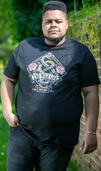 D555 MALCOM Snake And Roses Printed Crew Neck T-Shirt Black - Μακό μπλουζάκια - Aνδρικά μπλουζεσ μεγάλα μεγέθη
