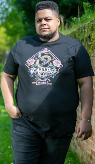 D555 MALCOM Snake And Roses Printed Crew Neck T-Shirt Black - Μακό μπλουζάκια - Aνδρικά μπλουζεσ μεγάλα μεγέθη