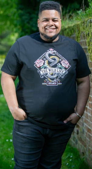D555 MALCOM Snake And Roses Printed Crew Neck T-Shirt Black - Μακό μπλουζάκια - Aνδρικά μπλουζεσ μεγάλα μεγέθη