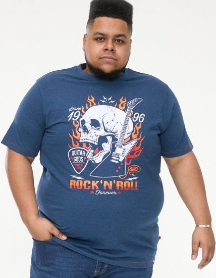 D555 NEAL Skull With Flames Printed Crew Neck T-Shirt Navy/Blue Twist - Μακό μπλουζάκια - Aνδρικά μπλουζεσ μεγάλα μεγέθη