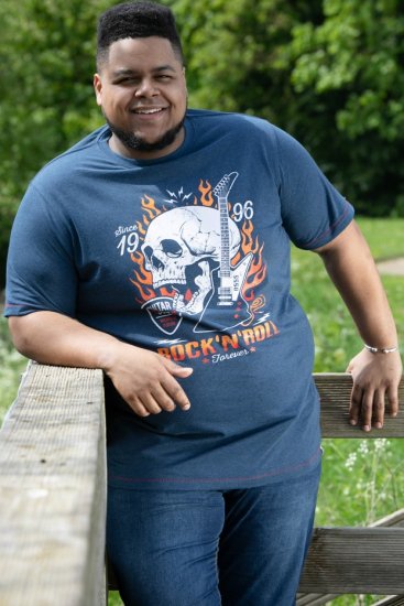 D555 NEAL Skull With Flames Printed Crew Neck T-Shirt Navy/Blue Twist - Μακό μπλουζάκια - Aνδρικά μπλουζεσ μεγάλα μεγέθη