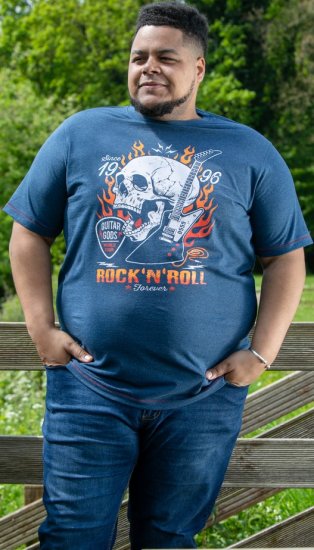 D555 NEAL Skull With Flames Printed Crew Neck T-Shirt Navy/Blue Twist - Μακό μπλουζάκια - Aνδρικά μπλουζεσ μεγάλα μεγέθη