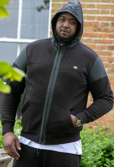D555 DEAN Couture Zip Through Hoody With Woven Contrast Fabric Trim Black - φούτερ/Φούτερ με κουκούλα - φούτερ/Φούτερ με κουκούλα ανδρικά μεγάλα μεγέθη 