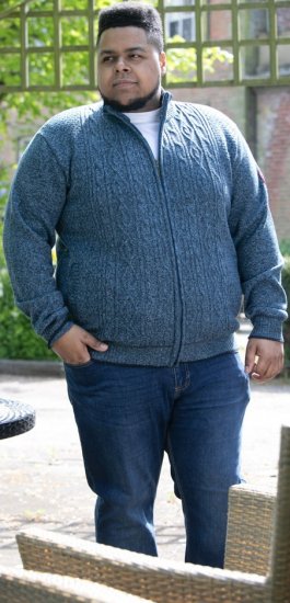 D555 ECCLES Cable Knitted Zip Through Sweater With Bonded Check Lining Denim Marl - φούτερ/Φούτερ με κουκούλα - φούτερ/Φούτερ με κουκούλα ανδρικά μεγάλα μεγέθη 