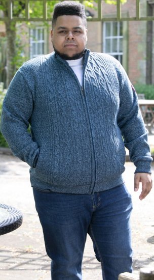 D555 ECCLES Cable Knitted Zip Through Sweater With Bonded Check Lining Denim Marl - φούτερ/Φούτερ με κουκούλα - φούτερ/Φούτερ με κουκούλα ανδρικά μεγάλα μεγέθη 