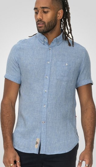 D555 Falmouth 1 Linen Mix Short Sleeve Shirt With Button Down Blue - Πουκάμισα - Aνδρικά πουκαμισα μεγαλα μεγάλα μεγέθη