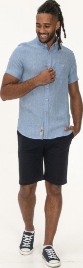 D555 Falmouth 1 Linen Mix Short Sleeve Shirt With Button Down Blue - Πουκάμισα - Aνδρικά πουκαμισα μεγαλα μεγάλα μεγέθη