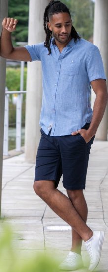 D555 Falmouth 1 Linen Mix Short Sleeve Shirt With Button Down Blue - Πουκάμισα - Aνδρικά πουκαμισα μεγαλα μεγάλα μεγέθη
