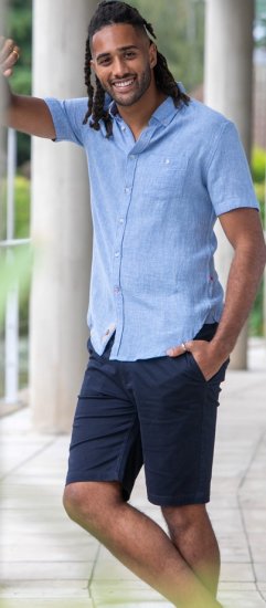 D555 Falmouth 1 Linen Mix Short Sleeve Shirt With Button Down Blue - Πουκάμισα - Aνδρικά πουκαμισα μεγαλα μεγάλα μεγέθη