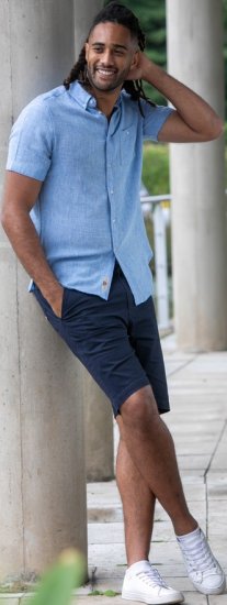 D555 Falmouth 1 Linen Mix Short Sleeve Shirt With Button Down Blue - Πουκάμισα - Aνδρικά πουκαμισα μεγαλα μεγάλα μεγέθη
