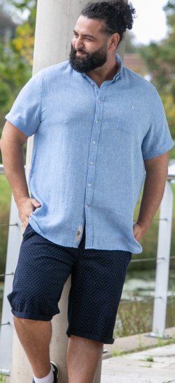 D555 Falmouth 1 Linen Mix Short Sleeve Shirt With Button Down Blue - Πουκάμισα - Aνδρικά πουκαμισα μεγαλα μεγάλα μεγέθη