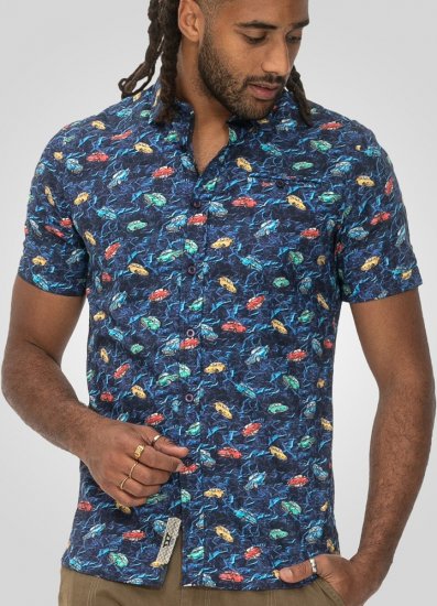 D555 Hartlepool Short Sleeve Vintage Car AOP Stretch Shirt Blue - Πουκάμισα - Aνδρικά πουκαμισα μεγαλα μεγάλα μεγέθη