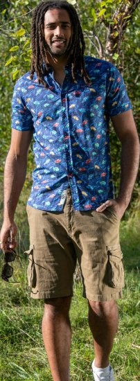 D555 Hartlepool Short Sleeve Vintage Car AOP Stretch Shirt Blue - Πουκάμισα - Aνδρικά πουκαμισα μεγαλα μεγάλα μεγέθη