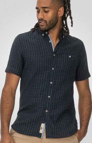 D555 Pontefract Jacquard Linen Mix Short Sleeve Shirt With Button Down Navy - Πουκάμισα - Aνδρικά πουκαμισα μεγαλα μεγάλα μεγέθη