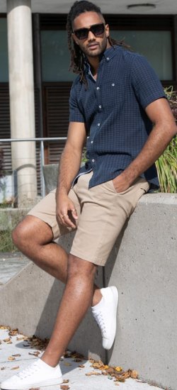 D555 Pontefract Jacquard Linen Mix Short Sleeve Shirt With Button Down Navy - Πουκάμισα - Aνδρικά πουκαμισα μεγαλα μεγάλα μεγέθη