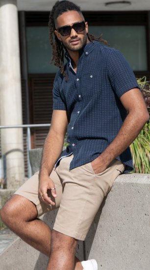 D555 Pontefract Jacquard Linen Mix Short Sleeve Shirt With Button Down Navy - Πουκάμισα - Aνδρικά πουκαμισα μεγαλα μεγάλα μεγέθη