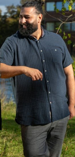 D555 Pontefract Jacquard Linen Mix Short Sleeve Shirt With Button Down Navy - Πουκάμισα - Aνδρικά πουκαμισα μεγαλα μεγάλα μεγέθη