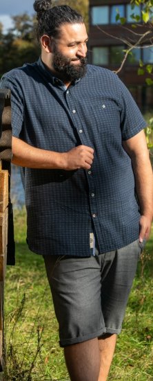 D555 Pontefract Jacquard Linen Mix Short Sleeve Shirt With Button Down Navy - Πουκάμισα - Aνδρικά πουκαμισα μεγαλα μεγάλα μεγέθη