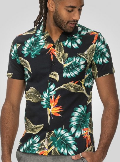 D555 Selby Hawaiian AOP Short Sleeve Revere Collar Shirt Black - Πουκάμισα - Aνδρικά πουκαμισα μεγαλα μεγάλα μεγέθη