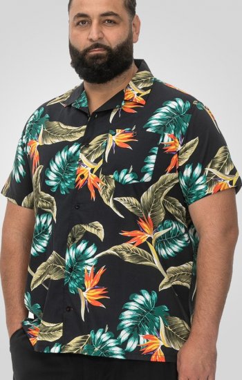 D555 Selby Hawaiian AOP Short Sleeve Revere Collar Shirt Black - Πουκάμισα - Aνδρικά πουκαμισα μεγαλα μεγάλα μεγέθη