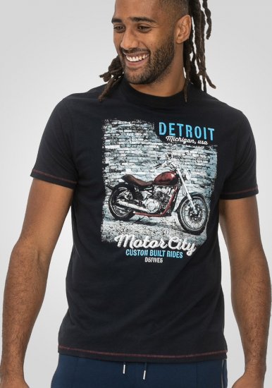D555 Knowle Detroit Motor Bike Printed Crew Neck T-Shirt Navy - Μακό μπλουζάκια - Aνδρικά μπλουζεσ μεγάλα μεγέθη
