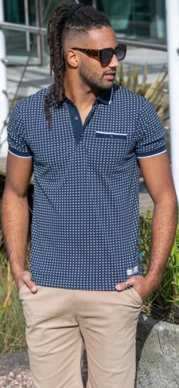 D555 Coventry AOP Polo Shirt Jacquard Collar & Ribbed Cuffs Navy - Πόλο μπλουζάκια - Aνδρικά μπλουζακια πολο μεγάλα μεγέθη