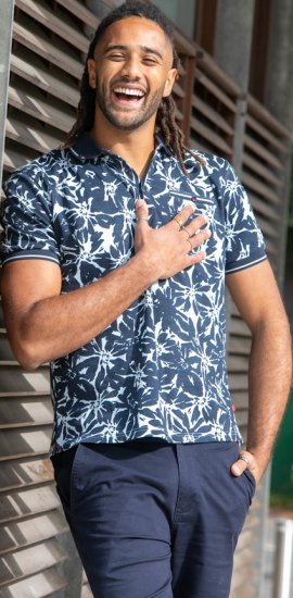 D555 Halifax AOP Hawaiian Print Short Sleeve Polo Blue - Μακό μπλουζάκια - Aνδρικά μπλουζεσ μεγάλα μεγέθη