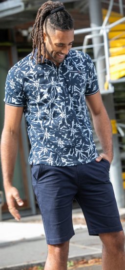 D555 Halifax AOP Hawaiian Print Short Sleeve Polo Blue - Μακό μπλουζάκια - Aνδρικά μπλουζεσ μεγάλα μεγέθη