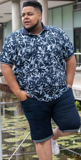 D555 Halifax AOP Hawaiian Print Short Sleeve Polo Blue - Μακό μπλουζάκια - Aνδρικά μπλουζεσ μεγάλα μεγέθη