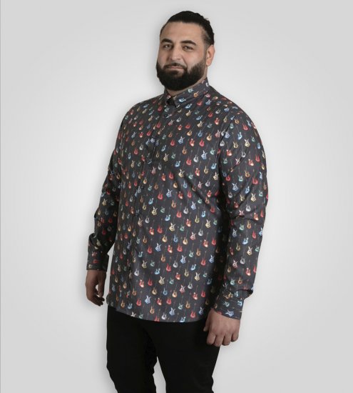 D555 Wakefield Long Sleeve AOP Guitar Printed Shirt Grey - Πουκάμισα - Aνδρικά πουκαμισα μεγαλα μεγάλα μεγέθη
