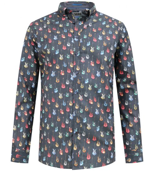 D555 Wakefield Long Sleeve AOP Guitar Printed Shirt Grey - Πουκάμισα - Aνδρικά πουκαμισα μεγαλα μεγάλα μεγέθη