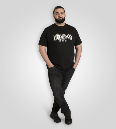 D555 Ginza Tokyo with Dragon Crew Neck T-shirt Black - Μακό μπλουζάκια - Aνδρικά μπλουζεσ μεγάλα μεγέθη